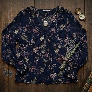 Ricki’s Size 16 Dark Floral Chiffon Blouse Whimsigoth Poetcore V-Neck Sheer Top